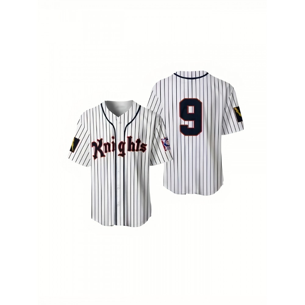 Men'S White Striped # 9 Baseball Shirt, Classic Letter Embroidery Design, Button Style Short Sleeved Breathable