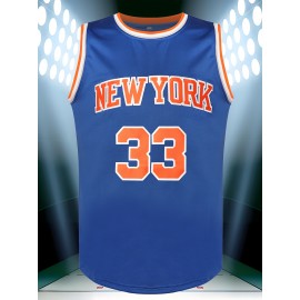 Men's #33 New York Basketball Jersey - Blue & Orange,, Lightweight Polyester, Round Neck Sleeveless Sports Shirt for Training, Competition & Casual Wear