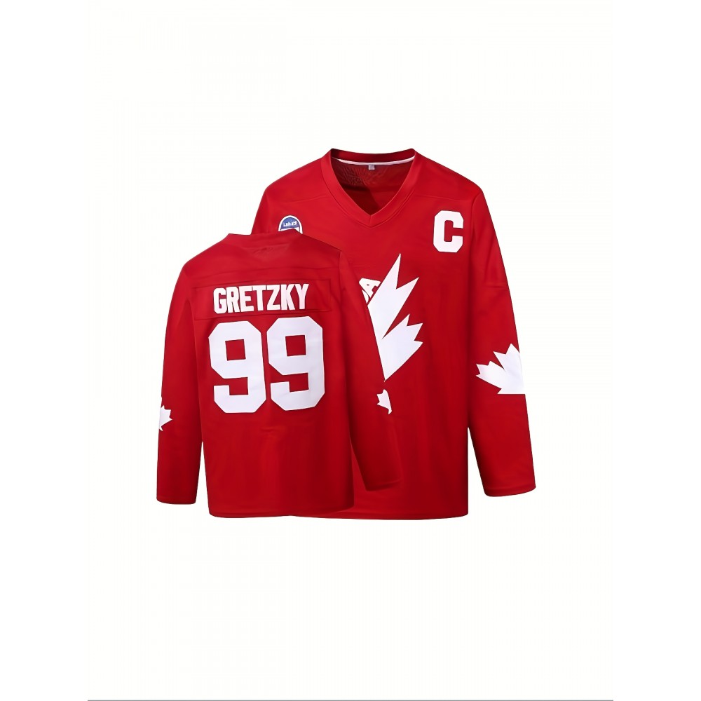 Men's #99 Gretzky Canada Cup Ice Hockey Jersey - Vintage Red & White Design, Name & Logo, Moisture-Wicking, Breathable Polyester, V-Neck, Long Sleeve for Team Sports & Casual Wear, Patriotic Clothing | Retro Sports Attire | Detailing