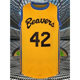 Men's #42 Yellow Basketball Jersey - Breathable Embroidered Polyester, Round Neck, S-3XL, Perfect for Team Sports, Casual Wear, and Outdoor Activities, Team Sports Clothing | Bold Number Design | Embroidered Detailing