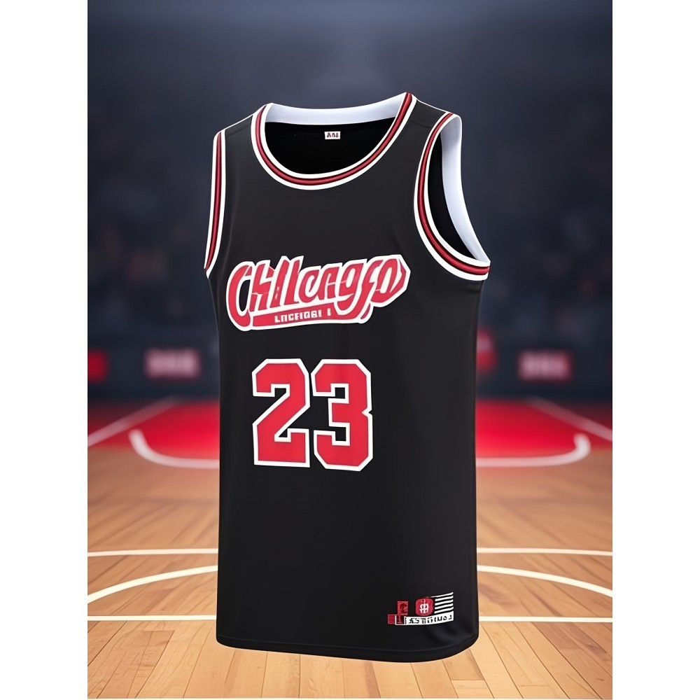 Chicago Basketball Jersey - Black Sleeveless Moisture-Wicking Lightweight Breathable Mesh, Loose Fit with Chicago 23 Design, Asymmetrical Hem for Men & Teens, All-Season Casual & Sports Wear, Streetwear Fashion, Durable Embroidery