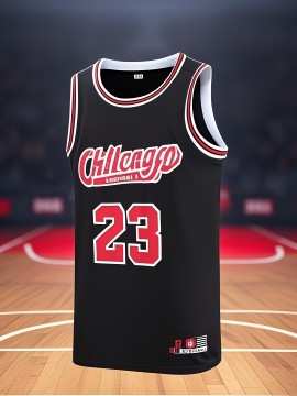 Chicago Basketball Jersey - Black Sleeveless Moisture-Wicking Lightweight Breathable Mesh, Loose Fit with Chicago 23 Design, Asymmetrical Hem for Men & Teens, All-Season Casual & Sports Wear, Streetwear Fashion, Durable Embroidery