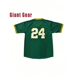 Men's #24 Green Baseball Jersey - Breathable Embroidered Polyester, Loose Fit V-Neck Button-Up for Team Sports, Training & Casual Outings | Machine Washable, Spring/Summer/Fall | Sizes S-3XL