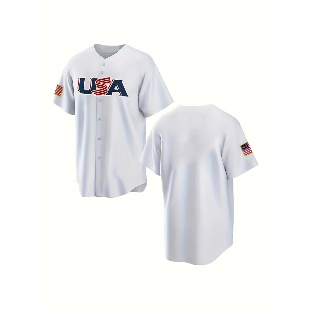 1pc Men'S Classic American Baseball Jersey Shirt - V-Neck, Short Sleeve, Embroidered USA Flag, Breathable Polyester, Lightweight, Moisture-Wicking, Ergonomic Design for Sports, Casual & Team Events