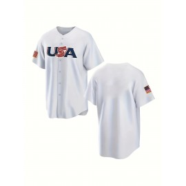 1pc Men'S Classic American Baseball Jersey Shirt - V-Neck, Short Sleeve, Embroidered USA Flag, Breathable Polyester, Lightweight, Moisture-Wicking, Ergonomic Design for Sports, Casual & Team Events