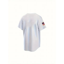 1pc Men'S Classic American Baseball Jersey Shirt - V-Neck, Short Sleeve, Embroidered USA Flag, Breathable Polyester, Lightweight, Moisture-Wicking, Ergonomic Design for Sports, Casual & Team Events