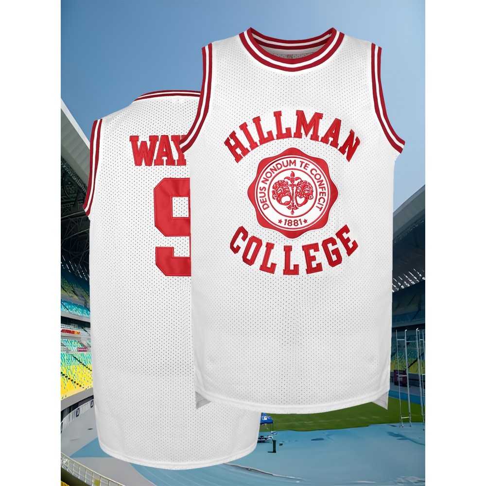 Wayman Hillman College #9 Men's Basketball Jersey - Breathable, Loose-Fit White Mesh Vest with Red & Black Striped Accents, 