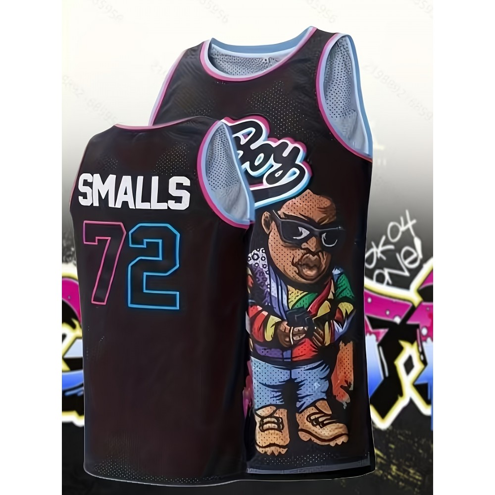 Men's Bad Boy Basketball Jersey 90s Hip-Hop Style - SMALLS 72 Graphic, Breathable Polyester Mesh, Loose Fit Sleeveless Tank Top for All-Season Casual & Sports Wear, Vibrant Design | Moisturewicking Fabric