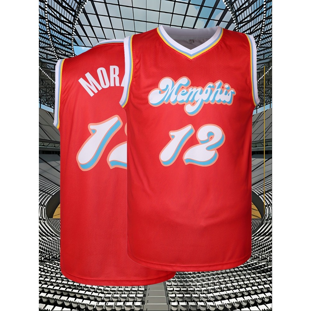 Men's #12 Red Basketball Jersey - Vibrant Orange & Blue Design, Breathable Polyester Mesh for Training, Competition, and Team Sports, Sizes S-XXXL