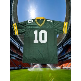 Men'S American Football Sweatshirt # 10 Green Breathable V-neck Embroidered Polyester Sportswear Suitable For Street And Team Sports Loose Knitted Fabric S-3XL