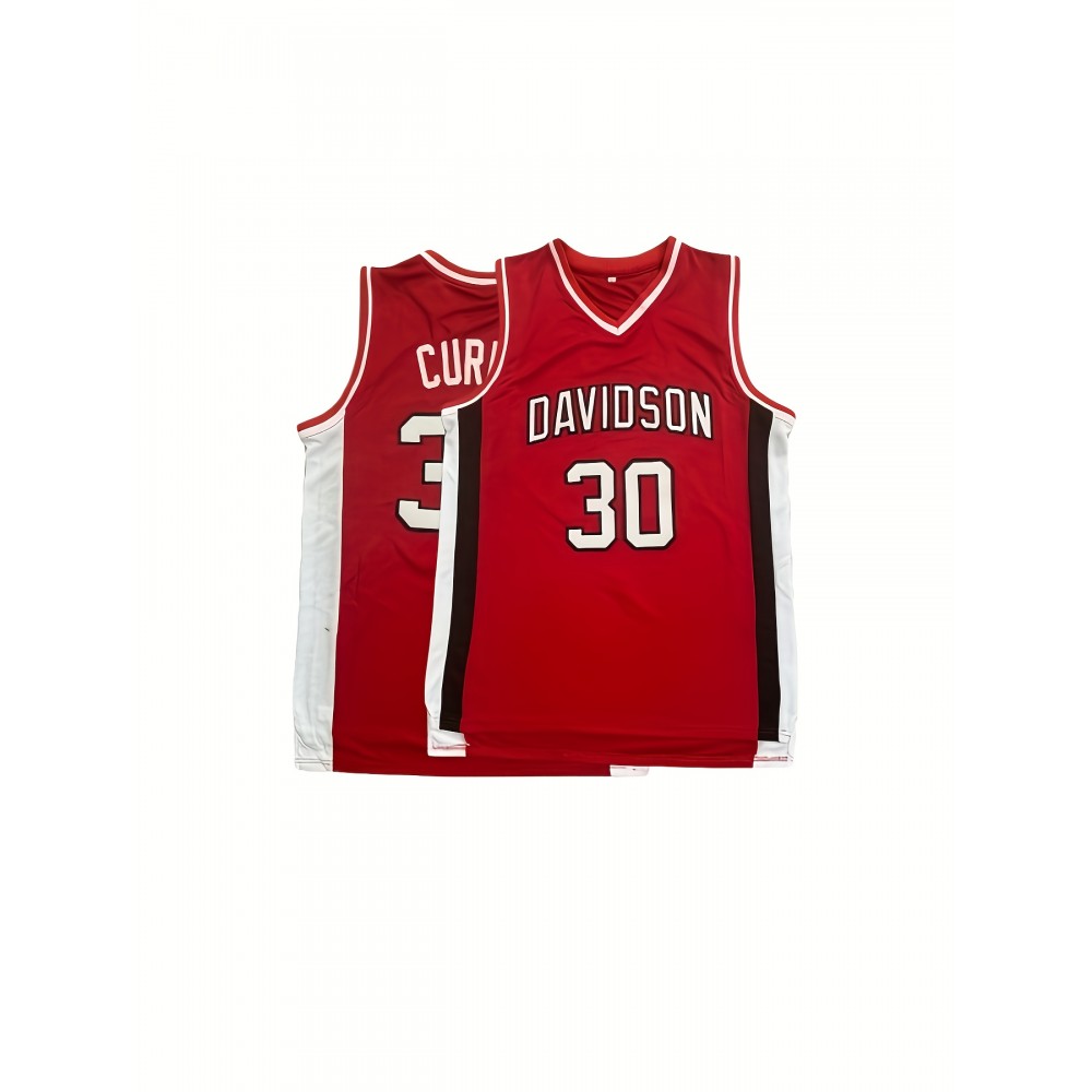 Men'S #30 Vintage College Basketball Jersey Embroidered Lettering Loose Fit White&Red