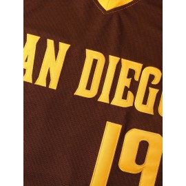 Men's #19 Brown Baseball Jersey with San Francisco Lettering & American Flag Patch - Loose Fit V-Neck Pullover for Training, Team Sports, Casual Wear (Sizes S-3XL), Outdoor Activity Clothing | Sporty Vneck Style | Durable Sportswear