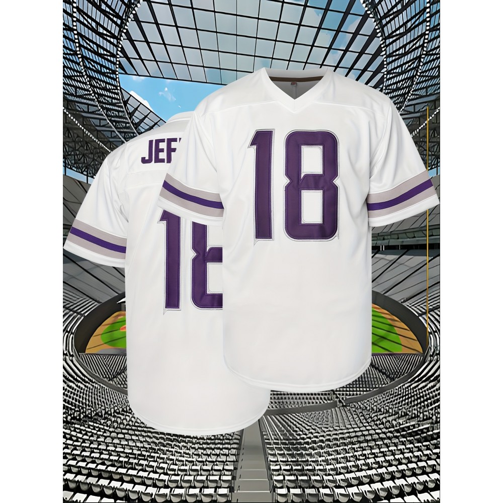 Men's American Football Jersey | V-Neck Polyester Top | Purple Number 18 | Multi-Size S-XXXL | Machine Washable & Dry Clean Safe | Ideal for Sports, Casual & Outdoor Activities | Breathable & Comfortable | Perfect for Training, Running, Hiking & Parties
