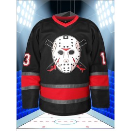 Men's #13 Black Embroidered Ice Hockey Sweater - Breathable Polyester, V-Neck Captain's Jersey with Classic Red & White Stripes, Ideal for Training, Competitions & Casual Wear in Spring, Summer, Fall, Hockey Jersey