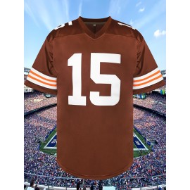Men's #15 Brown American Football Jersey - V-Neck,, Polyester, Ideal for Training & Team Sports, Sizes S-XXXL, Team Jersey|Vneck Sports Top| Detailing