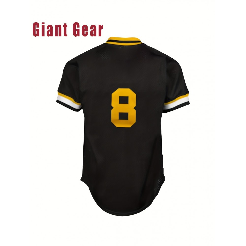 Men's #8 Black Baseball Jersey - Breathable Polyester V-Neck Loose Fit with Embroidered Number 8 & Golden Accents, Machine Washable for Team Sports, Training, Casual Outings (Sizes S-3XL)