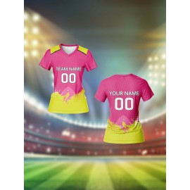 Customizable Women'S Pink Soccer Jersey with V-Neck, Team Name & Number Print - Breathable, Quick-Dry, Comfort Fit for Training & Fitness, Team Sports Apparel | Vibrant Jersey | Comfortable Fit, Soccer Gear