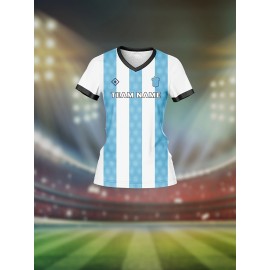 Customizable Women'S V-Neck Football Jersey - Light Blue & White Checkered, Breathable & Quick-Dry, Perfect for Team Training & Fitness, Team Branding Apparel | Checkered Pattern | Comfortable Fit, Football Jersey