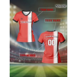 Customizable Women's V-Neck Soccer Jersey - Personalized Name & Number, Red & White Two-Tone Design, Breathable & Quick-Dry for Team Sports, Fitness & Casual Wear, Soccer Accessories, Sports Casual Wear, Custom Team Apparel