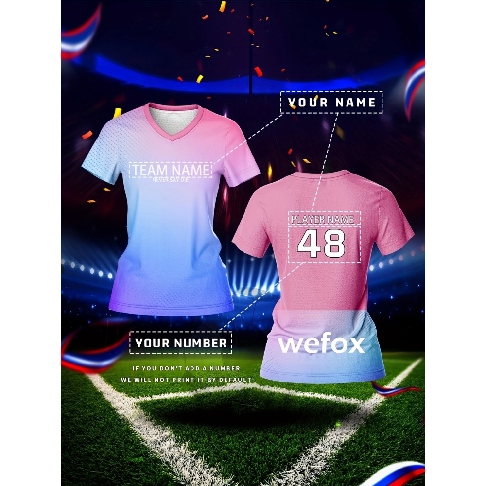 Customized Name & Number Women's V-Neck Football Shirt - Breathable Quick-Dry Moisture-Wicking Jersey, Gradient Color Design for Team Training, Sports Fitness & Casual Wear (Spring/Summer/Fall), Breathable Material