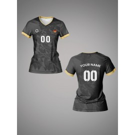 Customizable Women'S V-Neck Soccer Jersey - Personalized Name & Number, Breathable Quick-Dry Fabric for Team Training, Fitness & Casual Wear, Black with Red & White Design, Spring/Summer/Fal