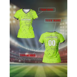 Custom Women's V-Neck Football Jersey - Personalized Name & Number, Lime Green with White Splatter Design, Breathable Moisture-Wicking Quick-Dry Fabric, Loose Fit for Team Training, Fitness & Casual Wear, Sports Training Gear, Comfortable Sports Apparel