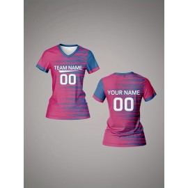 [Quick-Dry Soccer Jersey] Breathable Quick-Dry Custom Women's V-Neck Soccer Jersey | Personalized Name & Number, Pink with Blue Stripes for Team Training, Sports Fitness, and Casual Wear