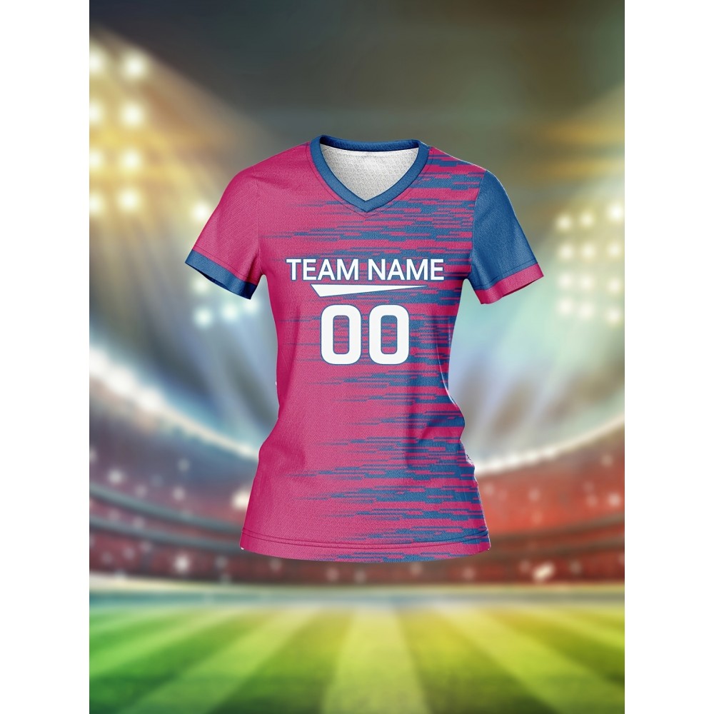 [Quick-Dry Soccer Jersey] Breathable Quick-Dry Custom Women's V-Neck Soccer Jersey | Personalized Name & Number, Pink with Blue Stripes for Team Training, Sports Fitness, and Casual Wear
