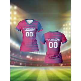 [Quick-Dry Soccer Jersey] Breathable Quick-Dry Custom Women's V-Neck Soccer Jersey | Personalized Name & Number, Pink with Blue Stripes for Team Training, Sports Fitness, and Casual Wear