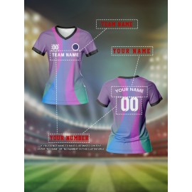 Customizable Women'S V-Neck Soccer Jersey - Personalized Team Name & Number, Breathable Quick-Dry Fabric for Training, Fitness & Casual Wear, Colorful Striped Design with Heart Rate Monitor, Seasonal Versatile Top|Sport Specific Apparel|Comfortable Fi