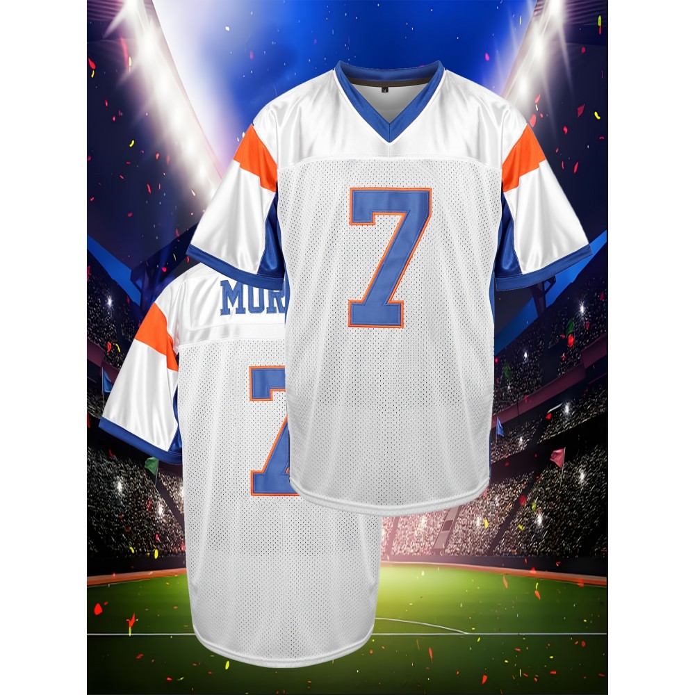 Men's #7 Embroidered Polyester Football Jersey, V-Neck Breathable Sports Shirt for Casual & Team Activities, Loose Fit Knit Fabric Top for Running, Hiking, Cycling - S-3XL