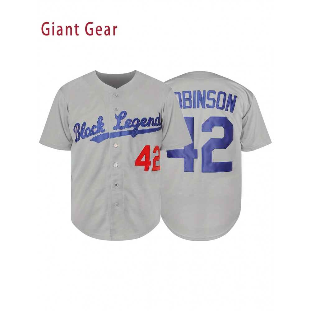 Men'S Baseball Shirt # 42 Grey Embroidered Polyester Baseball Shirt Loose Knitted Fabric Suitable For Spring, Summer, And Autumn Wearing S-3XL